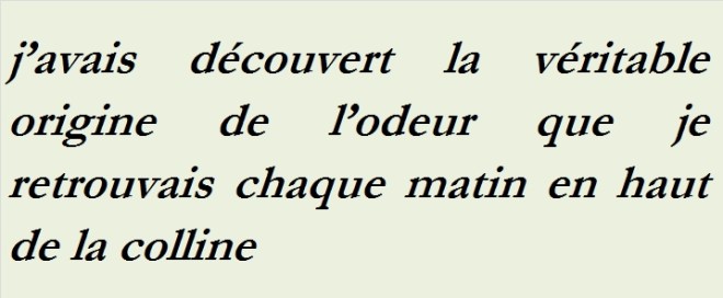 J AVAIS DECOUVERT LA VERITABLE ORIGINE DE L ODEUR QUE JE RETROUVAIS CHAQUE MATIN EN HAUT DE LA COLLINE-txt