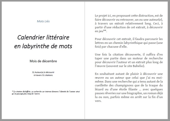 Calendrier littéraire en mots liés - 1-2